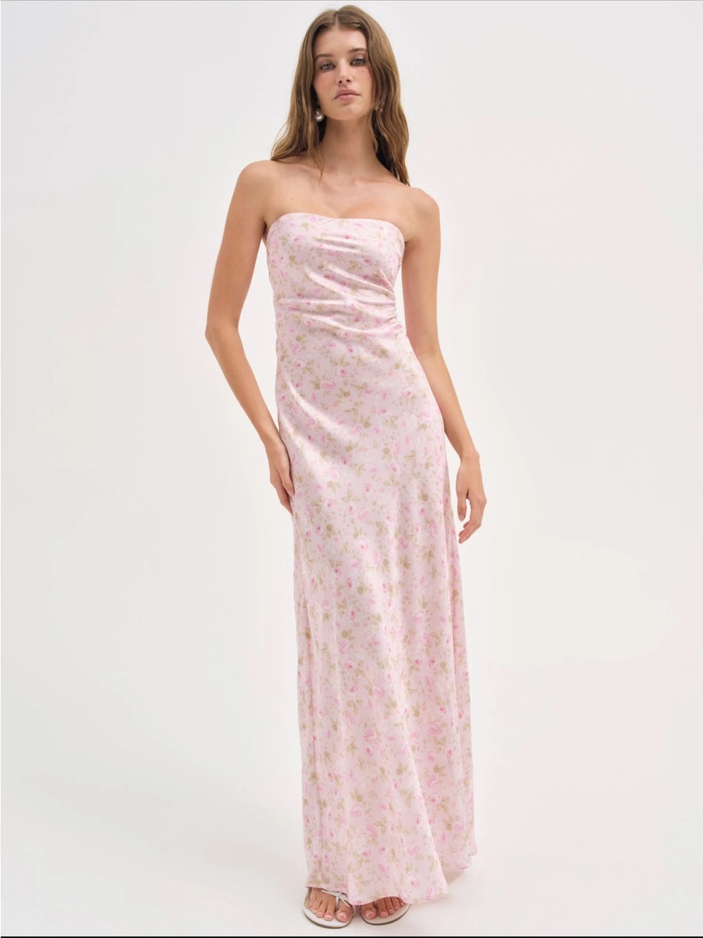 For Love & Lemons Strapless Light Pink Floral Slip Maxi Dress